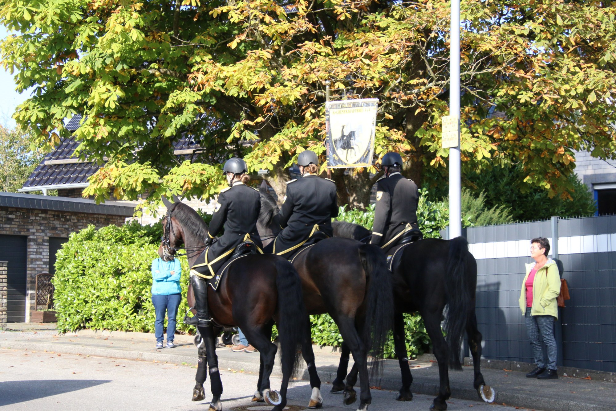 Reitergruppe mit dunklen Pferden beim Erntedankzug Walheim 2026.