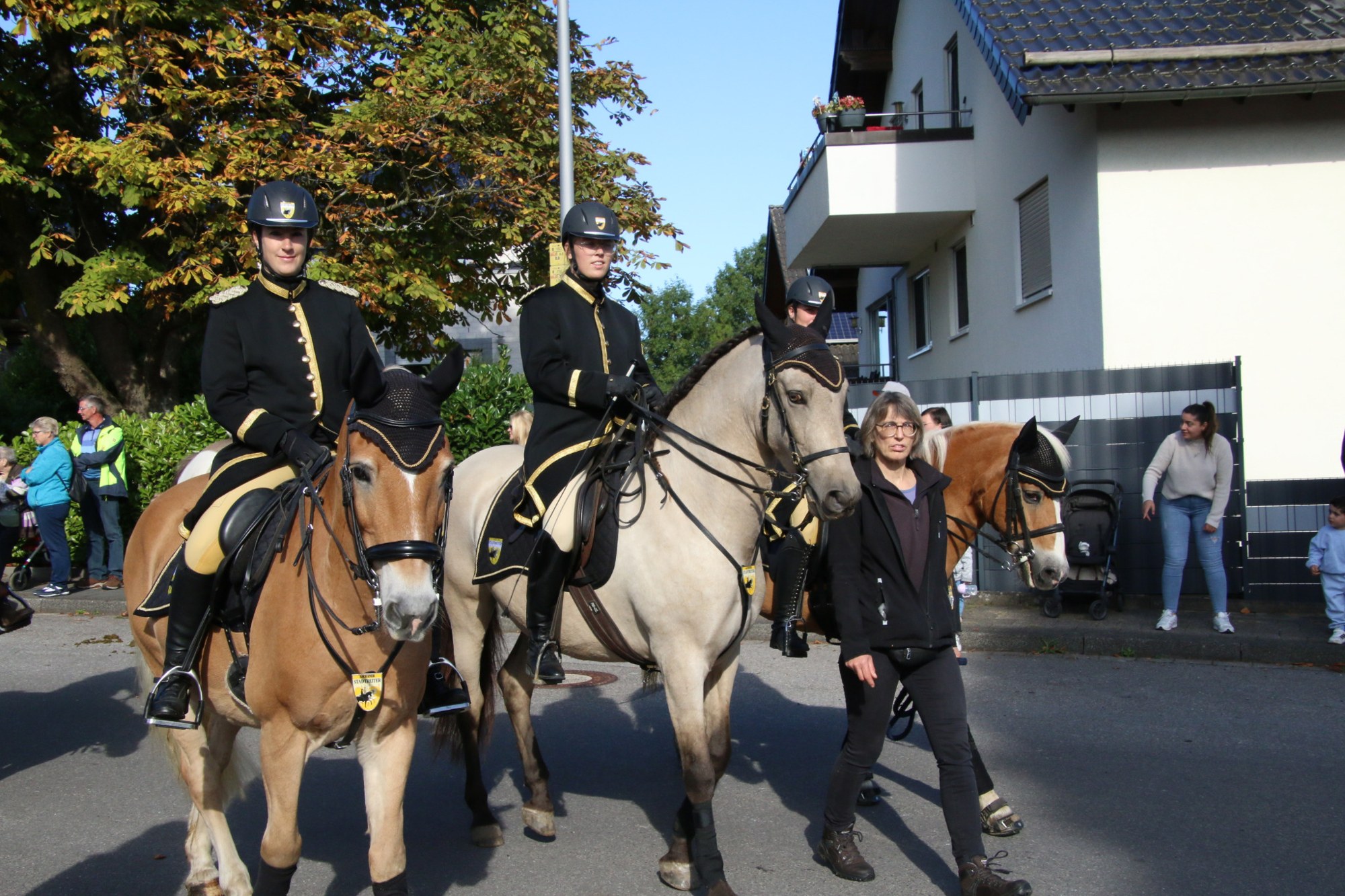 Reitergruppe mit braunen und hellen Pferden beim Erntedankzug Walheim 2026.