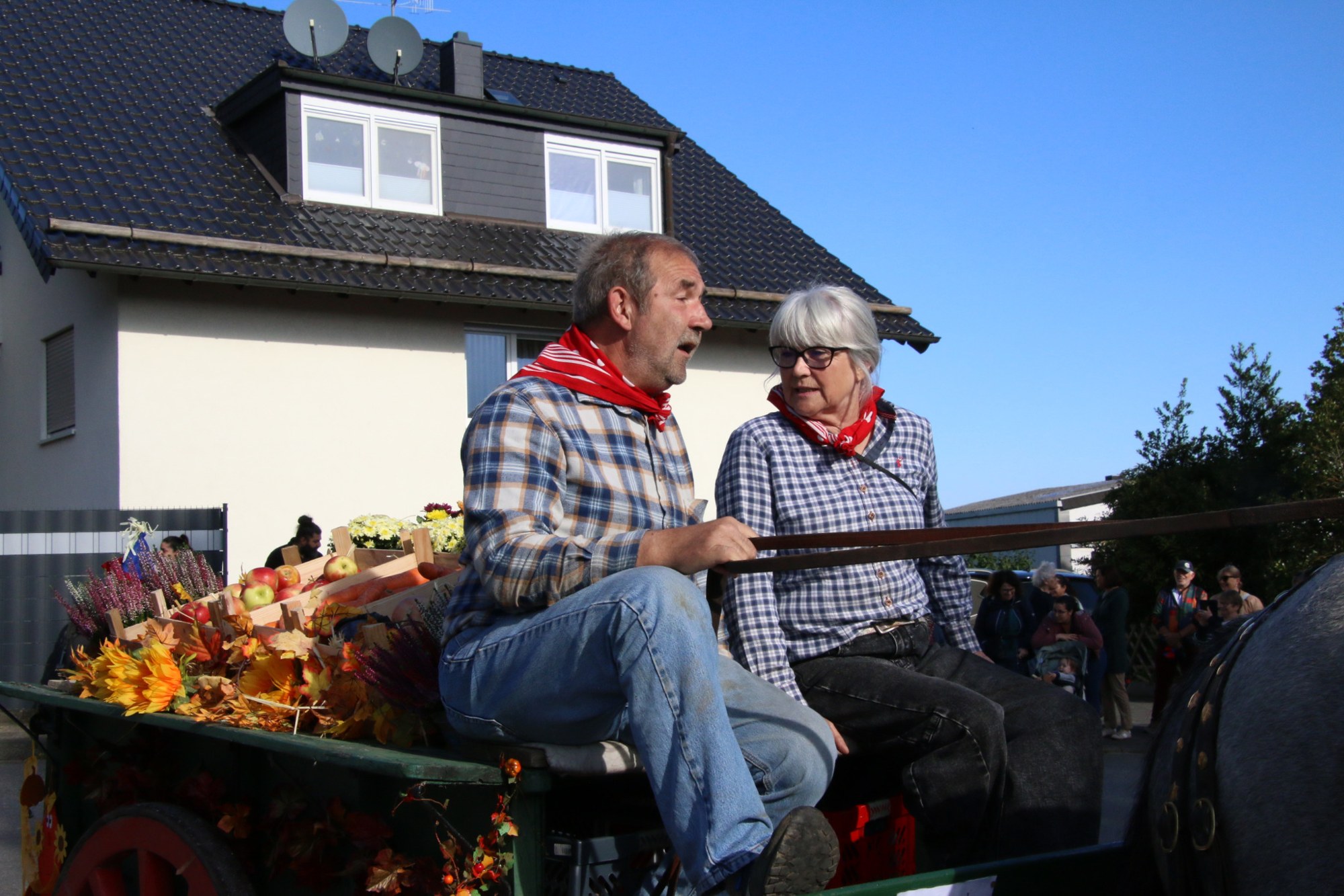Teilnehmer auf einem Pferdewagen beim Erntedankzug Walheim 2026.