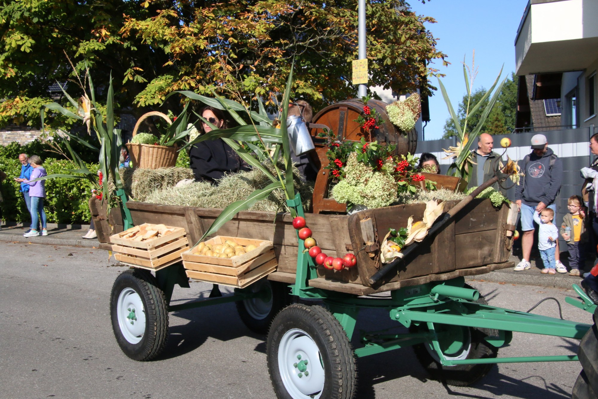 Festwagen mit Gemüse und Blumen beim Erntedankzug Walheim 2026.