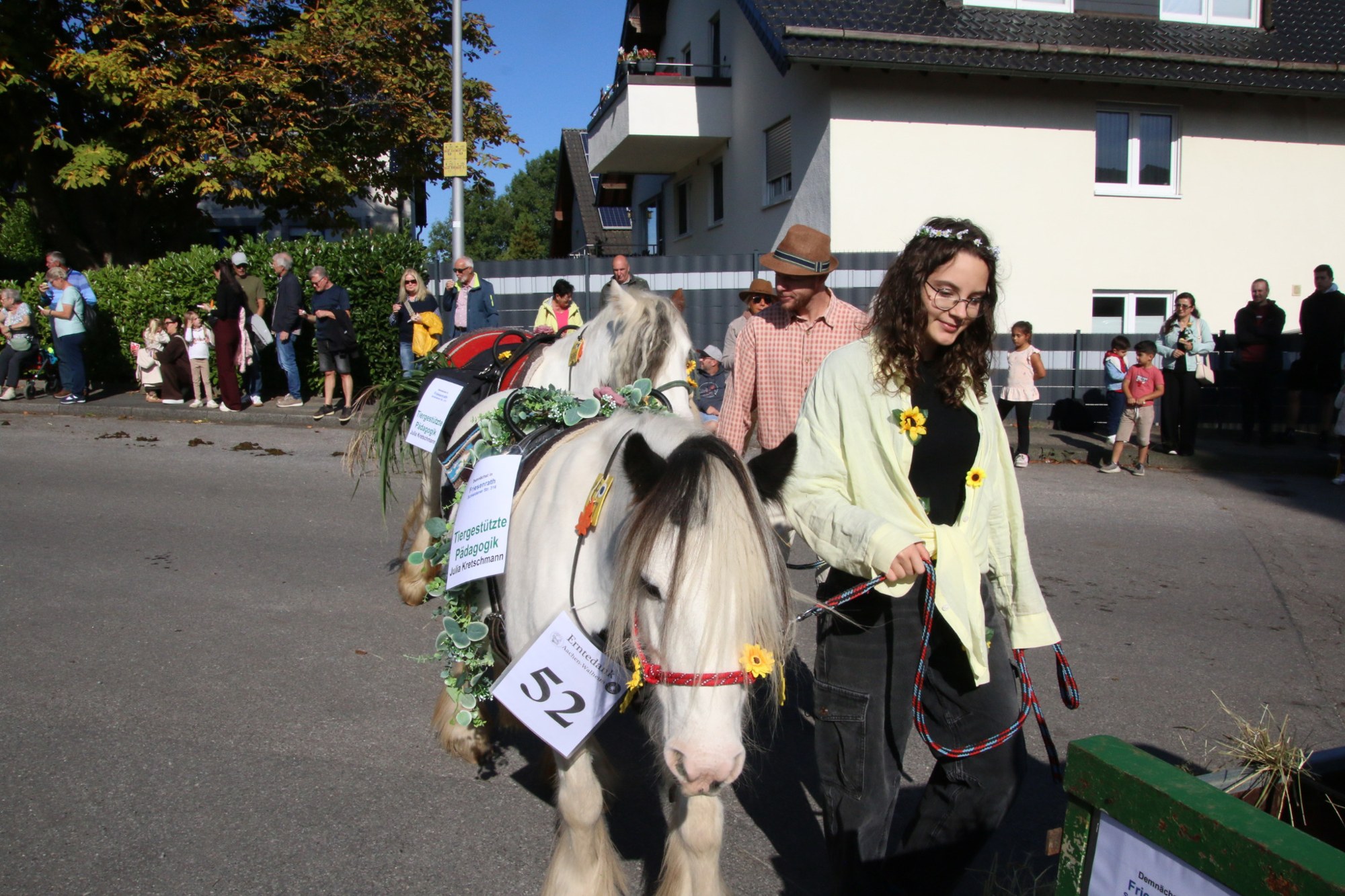 Geschmücktes helles Pferd mit Begleitung beim Erntedankzug Walheim 2026.